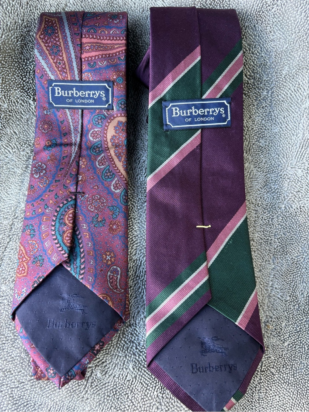 Burberry Men's Purple Paisley and Striped Tie Duo with Green and Pink Accents